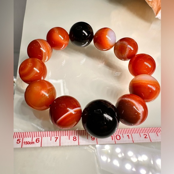 ORANGE SARDONYX + BLACK ONYX NATURAL STONES BRACELET size 7” - Picture 13 of 15